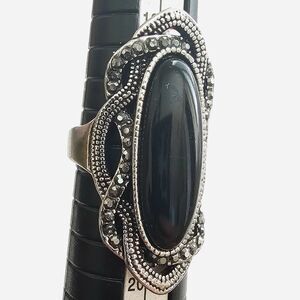 Vintage Black Oval Stone Ring Size 7.75 Silver Color AAA Grey Crystal Mosaic